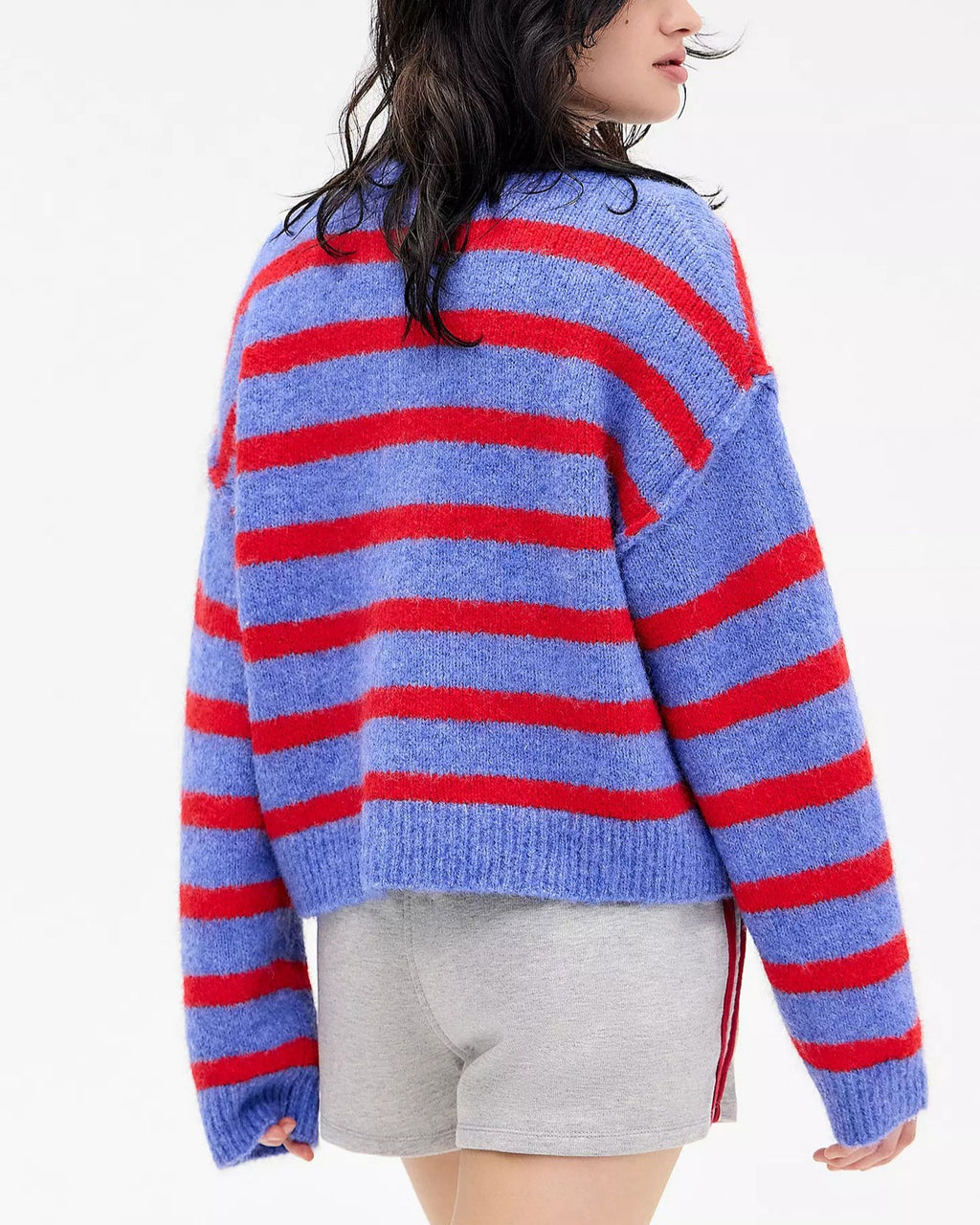 Fuzzy Stripe Button Front Cropped Cardigan - Red - 2