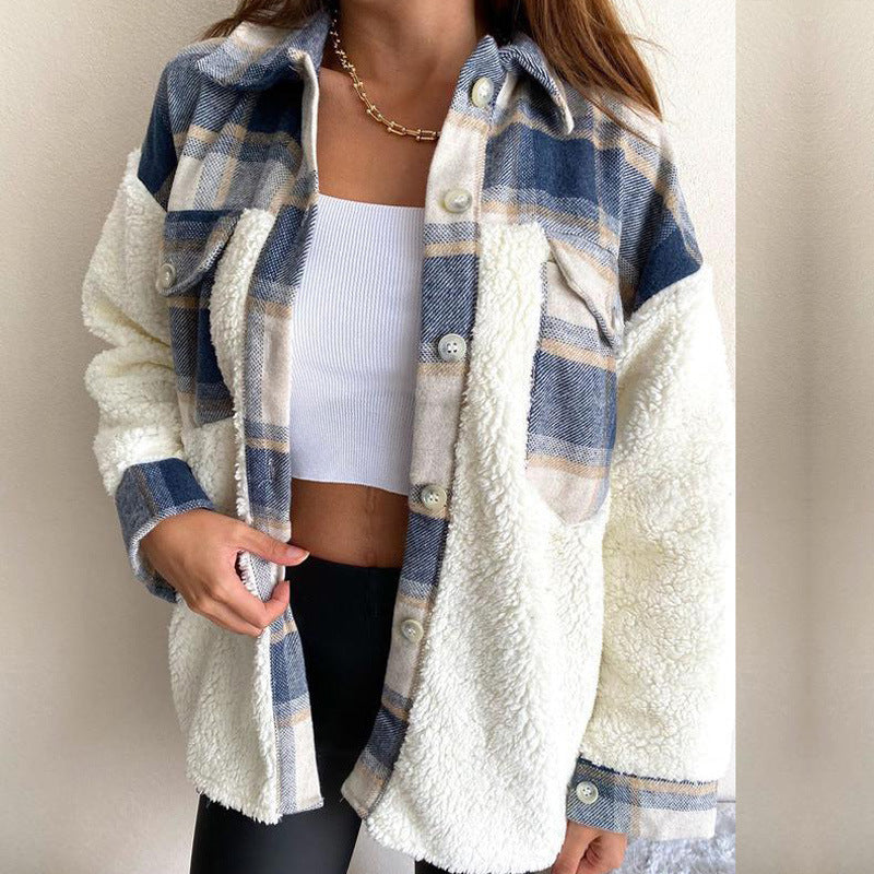 Sherpa Panel Plaid Button Front Shacket - Blue