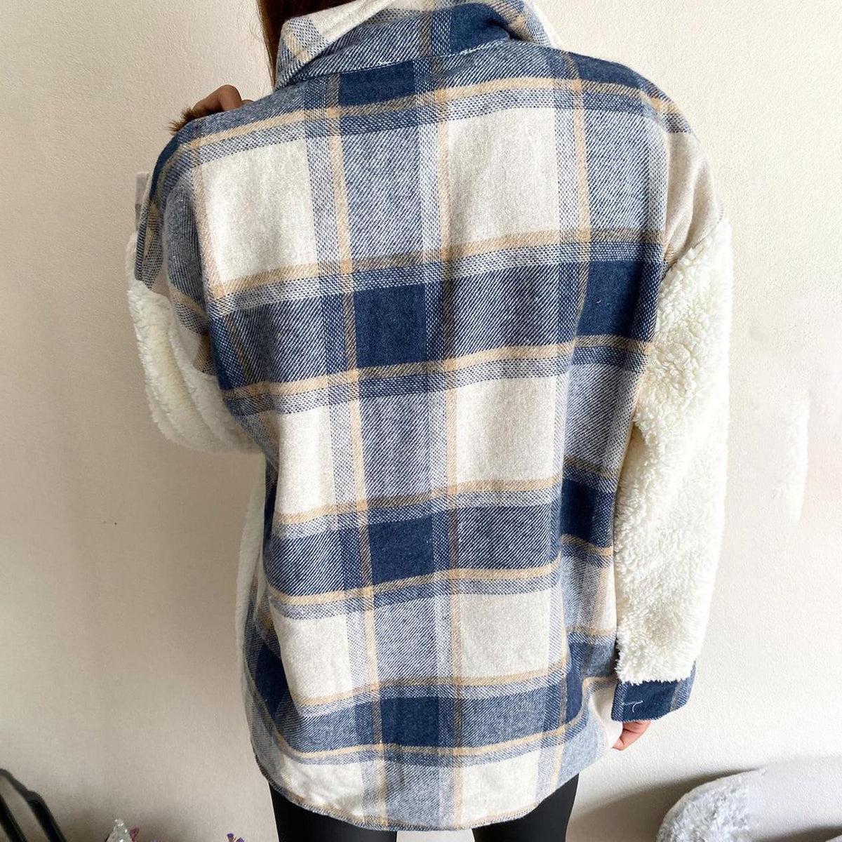 Sherpa Panel Plaid Button Front Shacket - Blue - 1