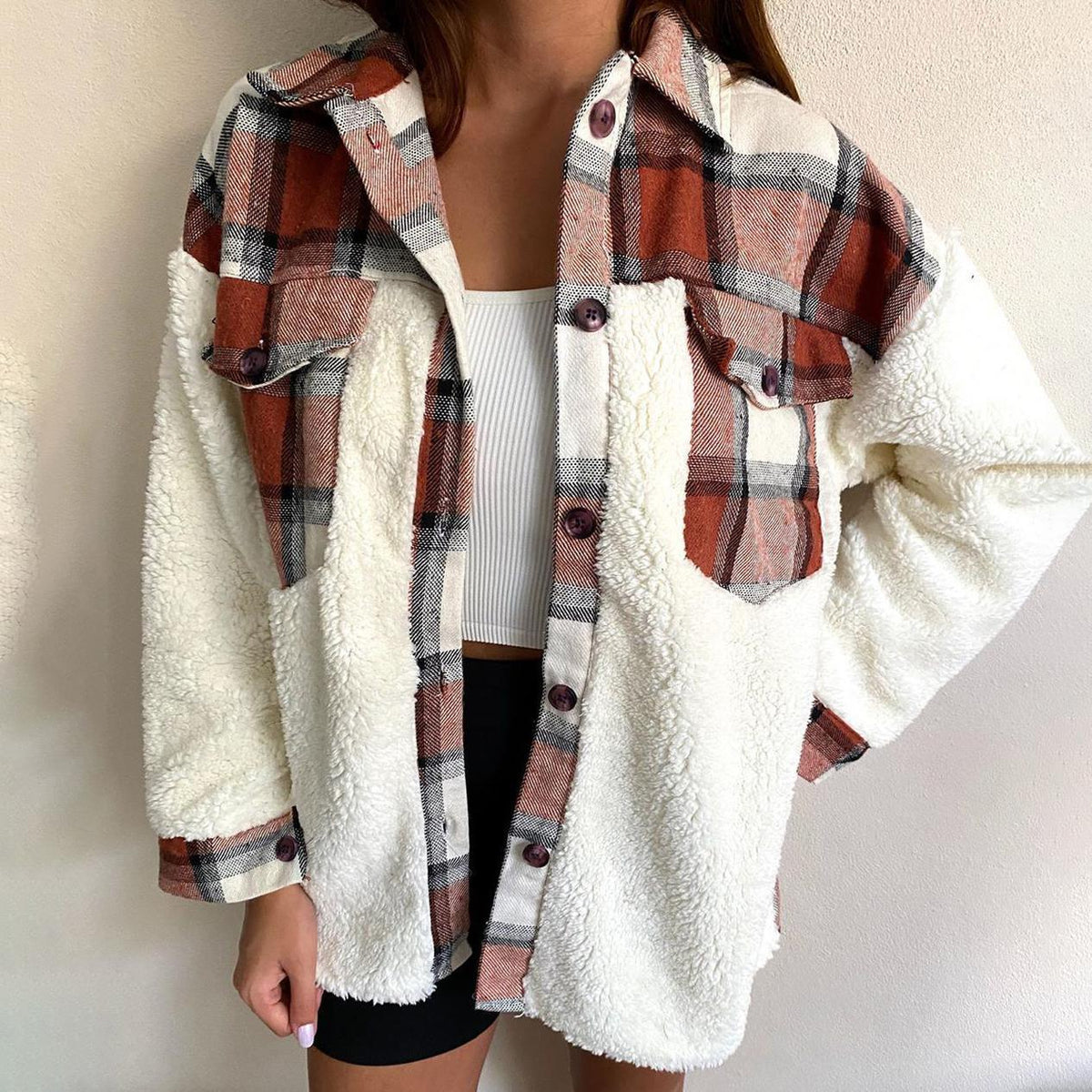 Sherpa Panel Plaid Button Front Shacket - Brown