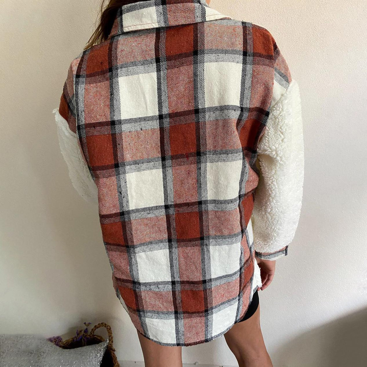 Sherpa Panel Plaid Button Front Shacket - Brown - 1