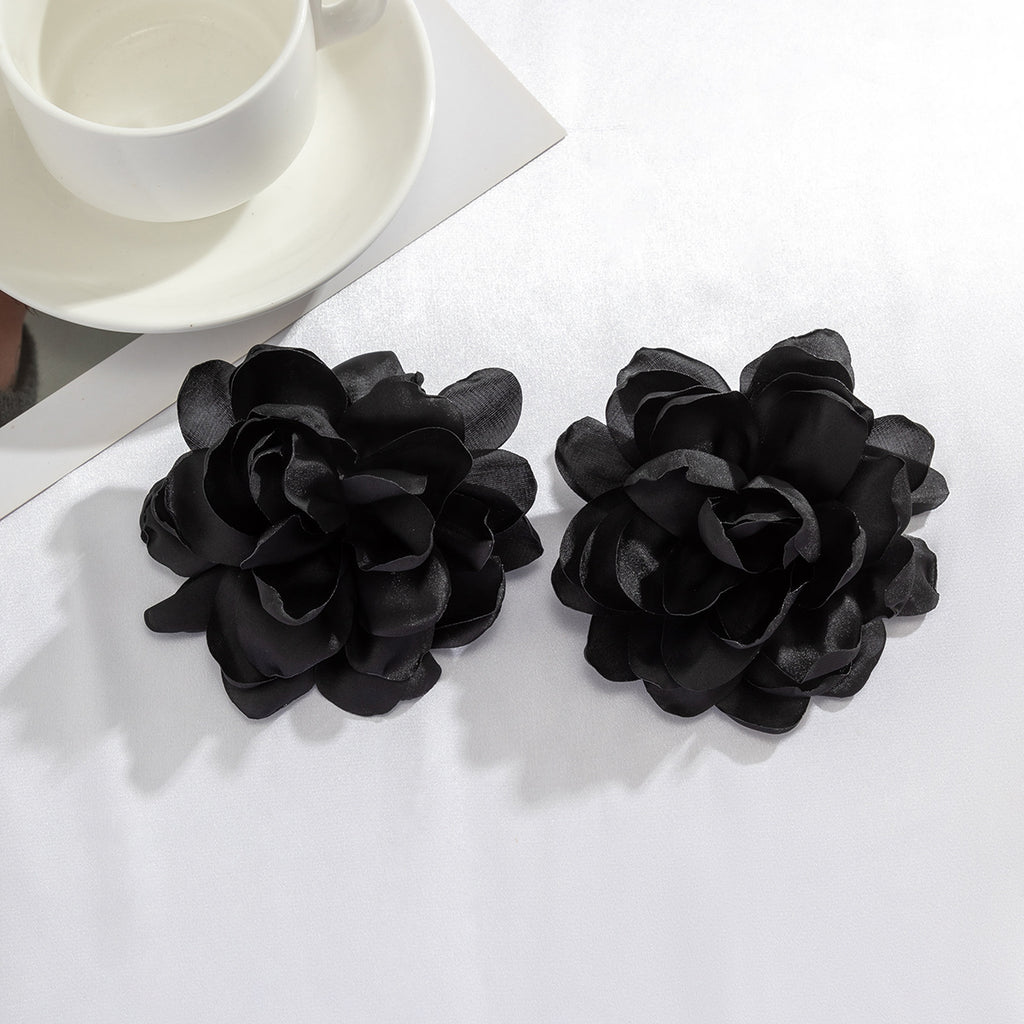 Oversized Fabric Flower Stud Earrings - Black