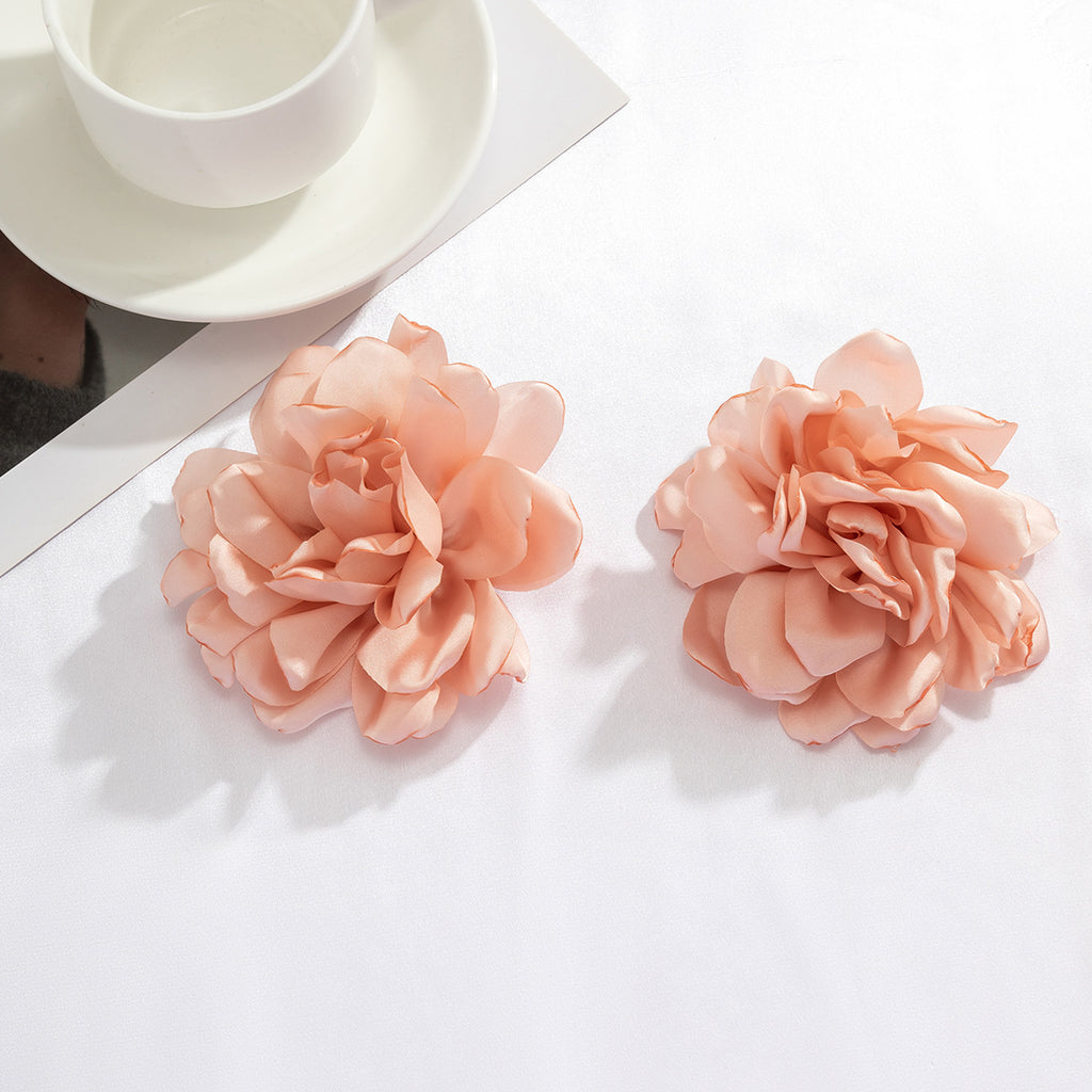 Oversized Fabric Flower Stud Earrings - Pink
