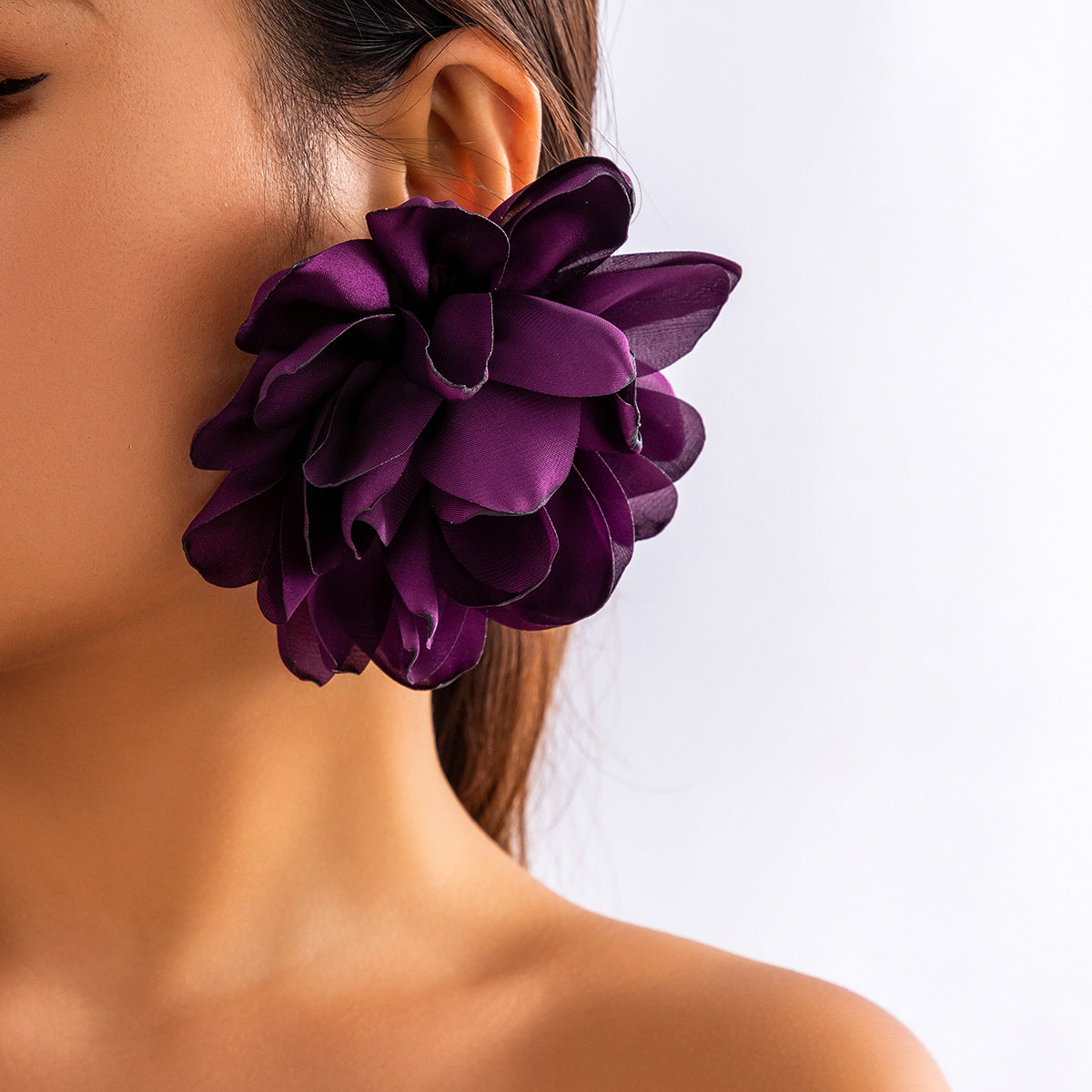 Oversized Fabric Flower Stud Earrings - Purple