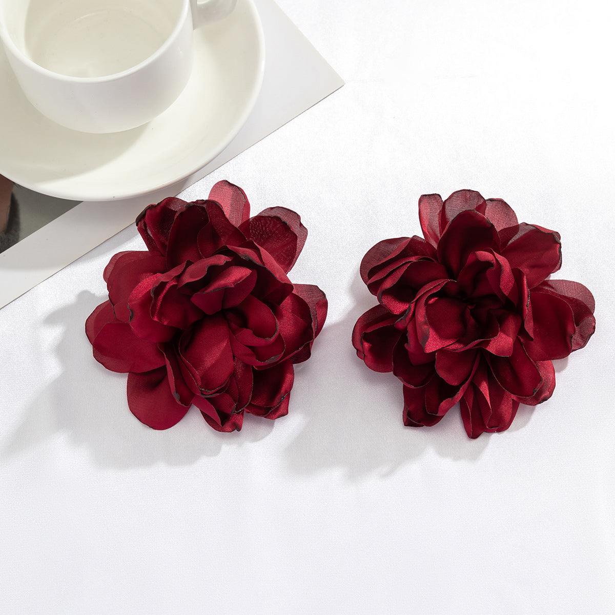 Oversized Fabric Flower Stud Earrings - Red