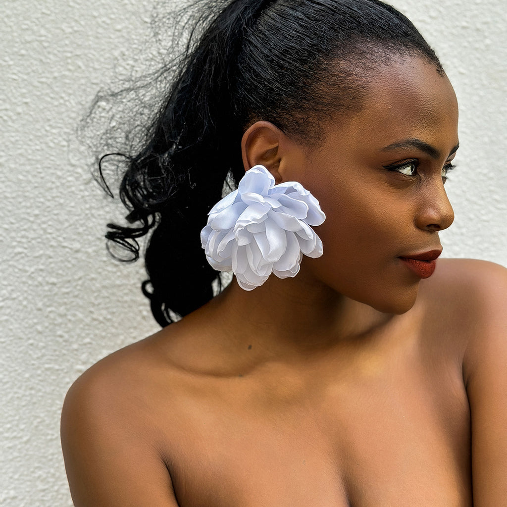 Oversized Fabric Flower Stud Earrings - White