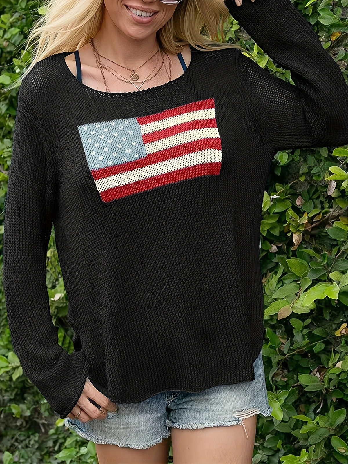 Americana Flag Lightweight Knit Sweater Top - Black - 3