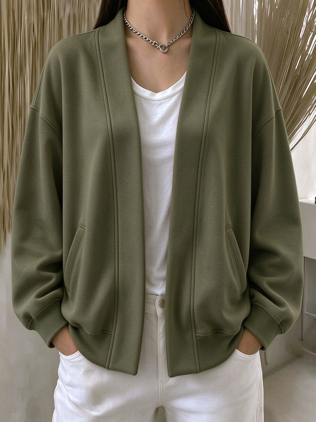 Drop Shoulder Open Front Relaxed Pocket Cardigan - Army_Green