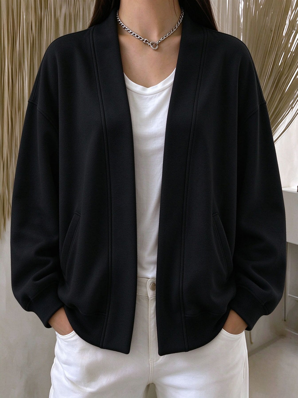 Drop Shoulder Open Front Relaxed Pocket Cardigan - Black