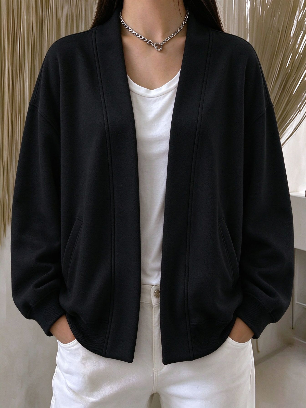 Drop Shoulder Open Front Relaxed Pocket Cardigan - Black