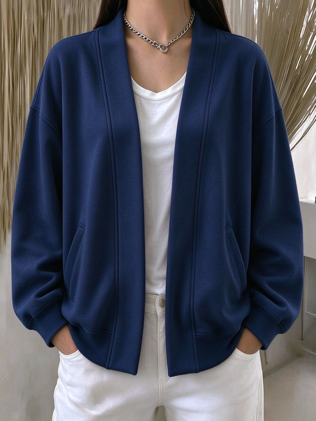 Drop Shoulder Open Front Relaxed Pocket Cardigan - Dark_Blue
