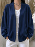 Drop Shoulder Open Front Relaxed Pocket Cardigan - Dark_Blue