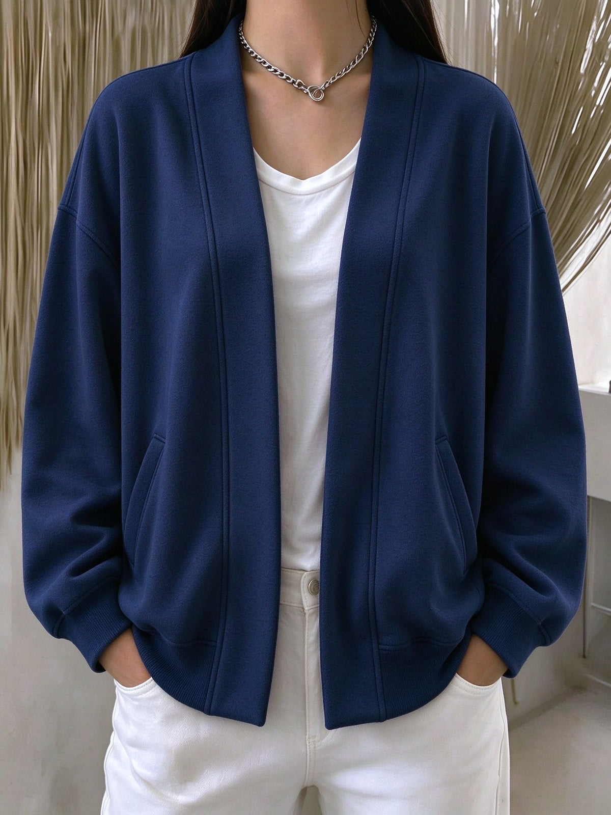 Drop Shoulder Open Front Relaxed Pocket Cardigan - Dark_Blue