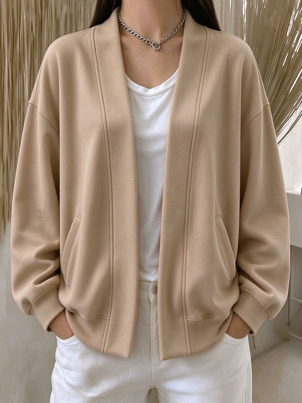 Drop Shoulder Open Front Relaxed Pocket Cardigan - Khaki
