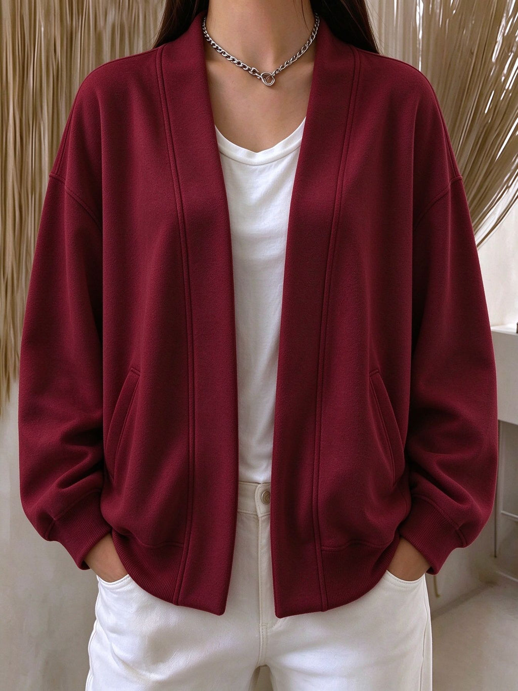 Drop Shoulder Open Front Relaxed Pocket Cardigan - Wine_Red