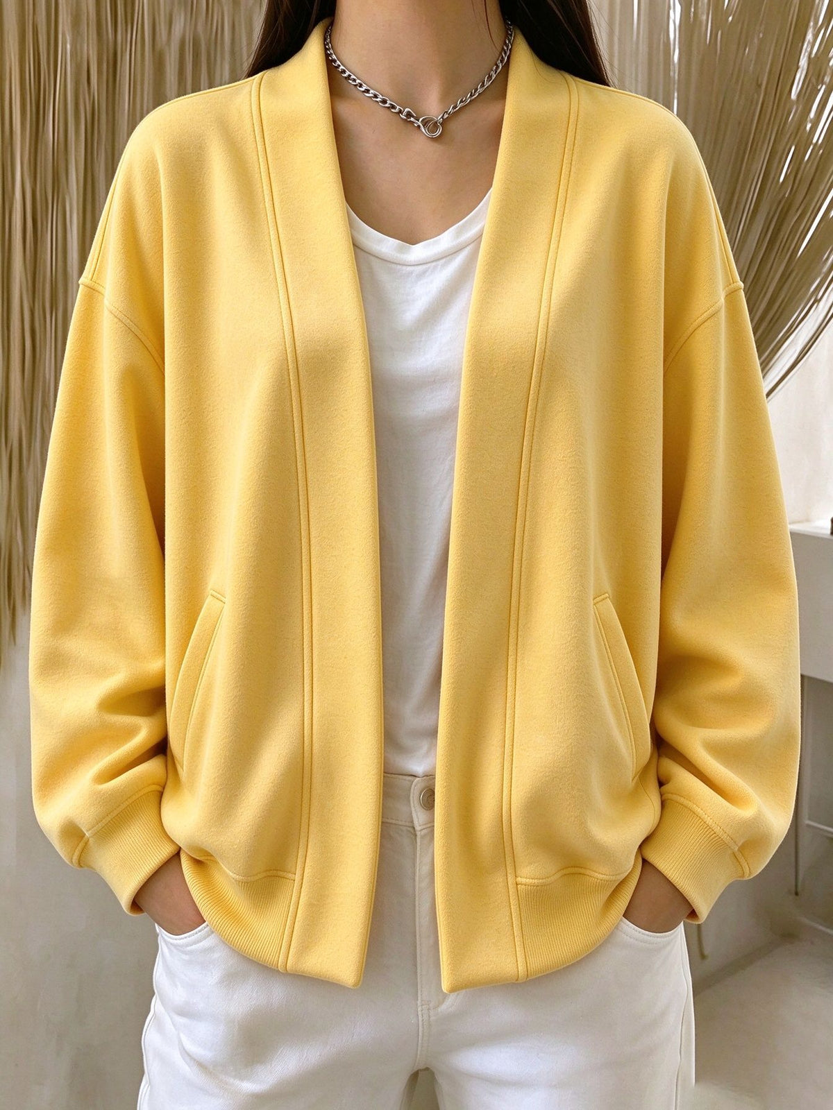 Drop Shoulder Open Front Relaxed Pocket Cardigan - Yellow