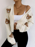 Bear Applique Cropped Open Knit Cardigan - Beige