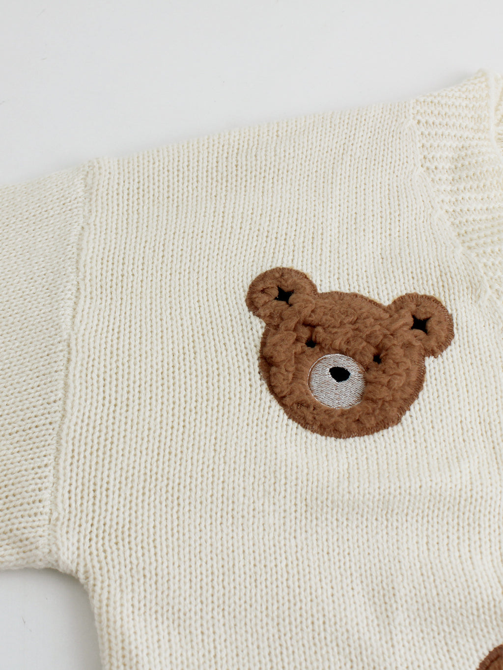 Bear Applique Cropped Open Knit Cardigan - Beige - 4