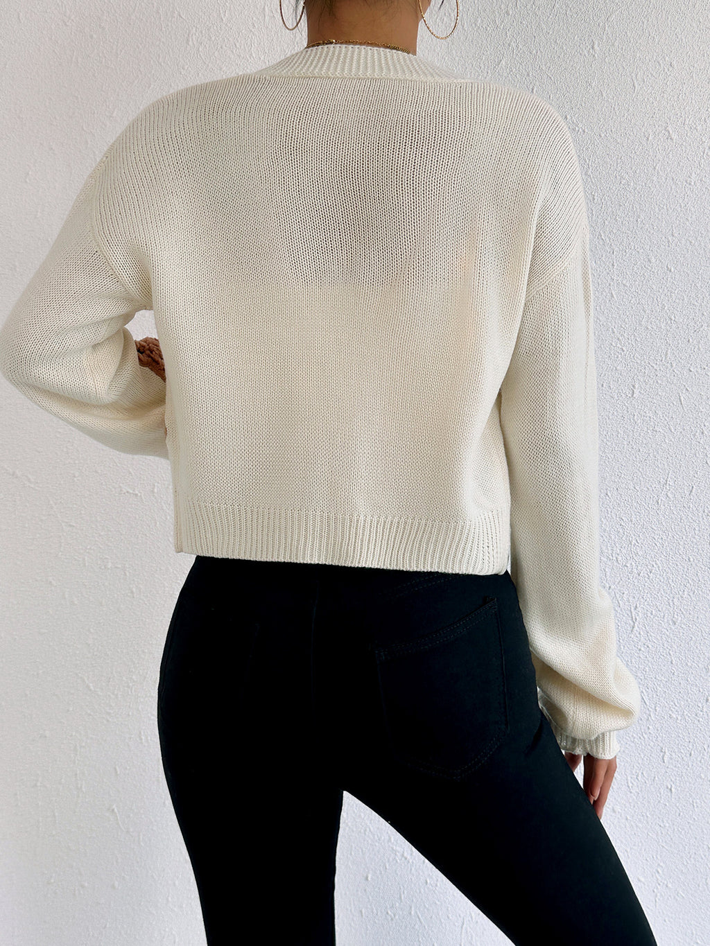 Bear Applique Cropped Open Knit Cardigan - Beige - 6