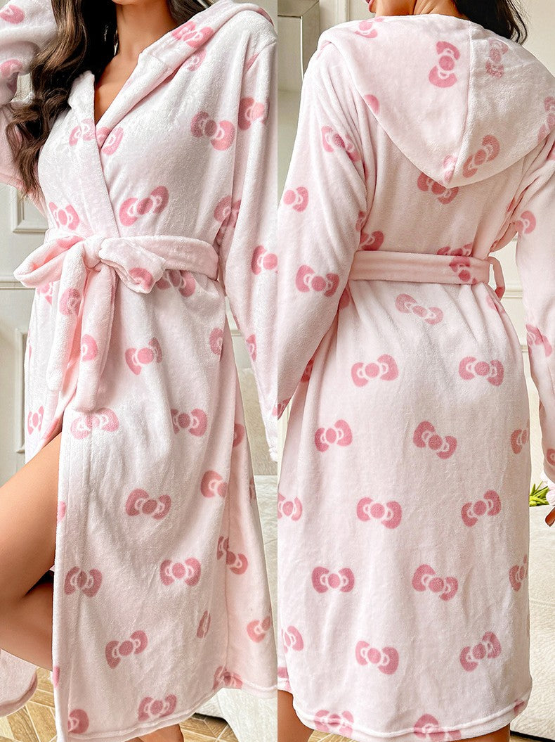 Bow Jacquard Hooded Robe With Belt - Pink - 2