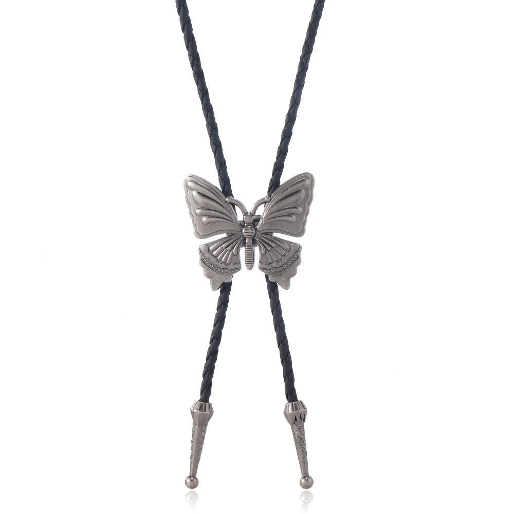 Butterfly Charm Braided Cord Bolo Necklace - Silver