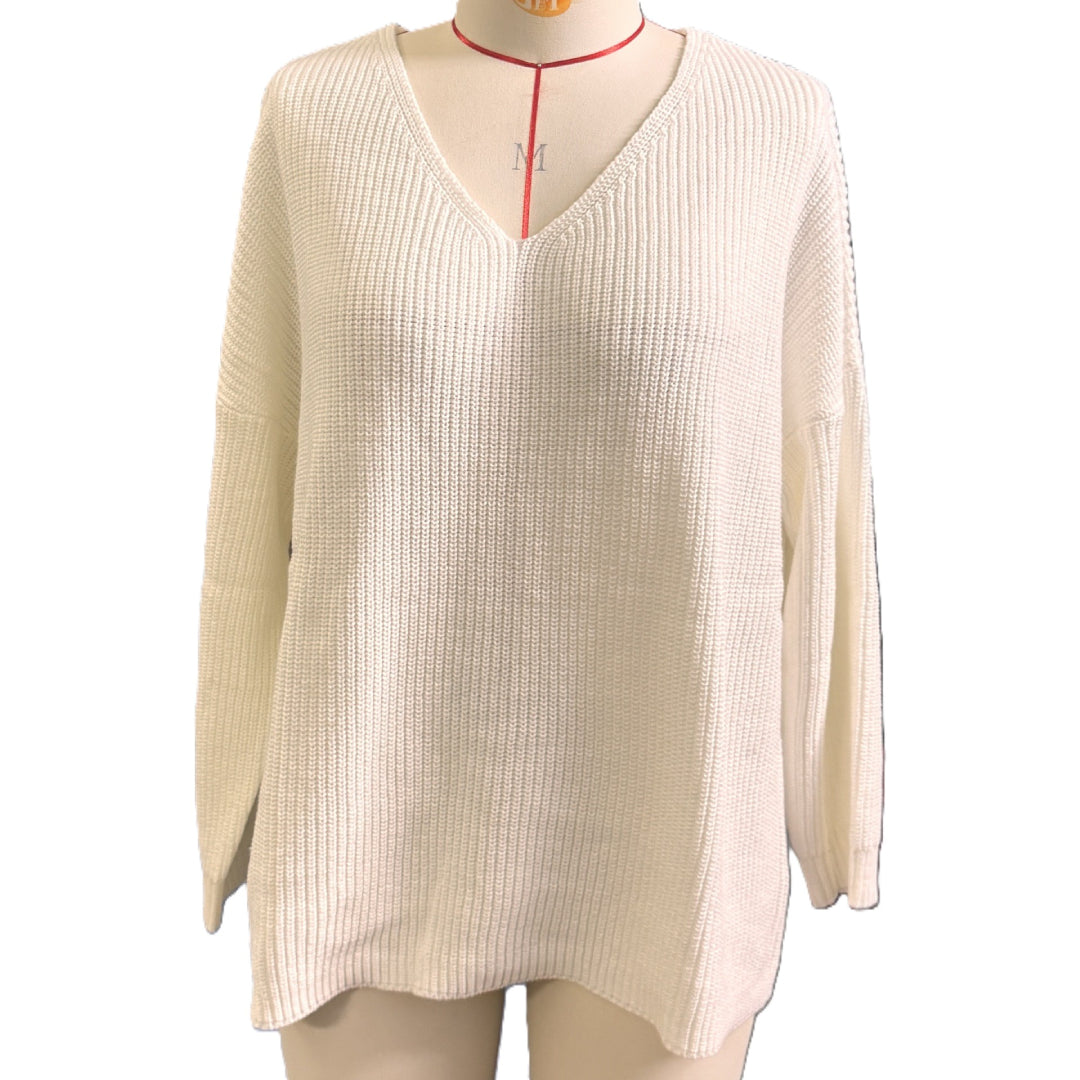 Slouchy V Neck Ribbed Tunic Sweater - Beige