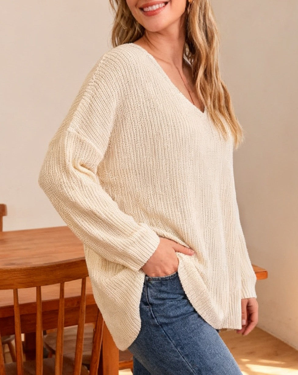 Slouchy V Neck Ribbed Tunic Sweater - Beige - 1