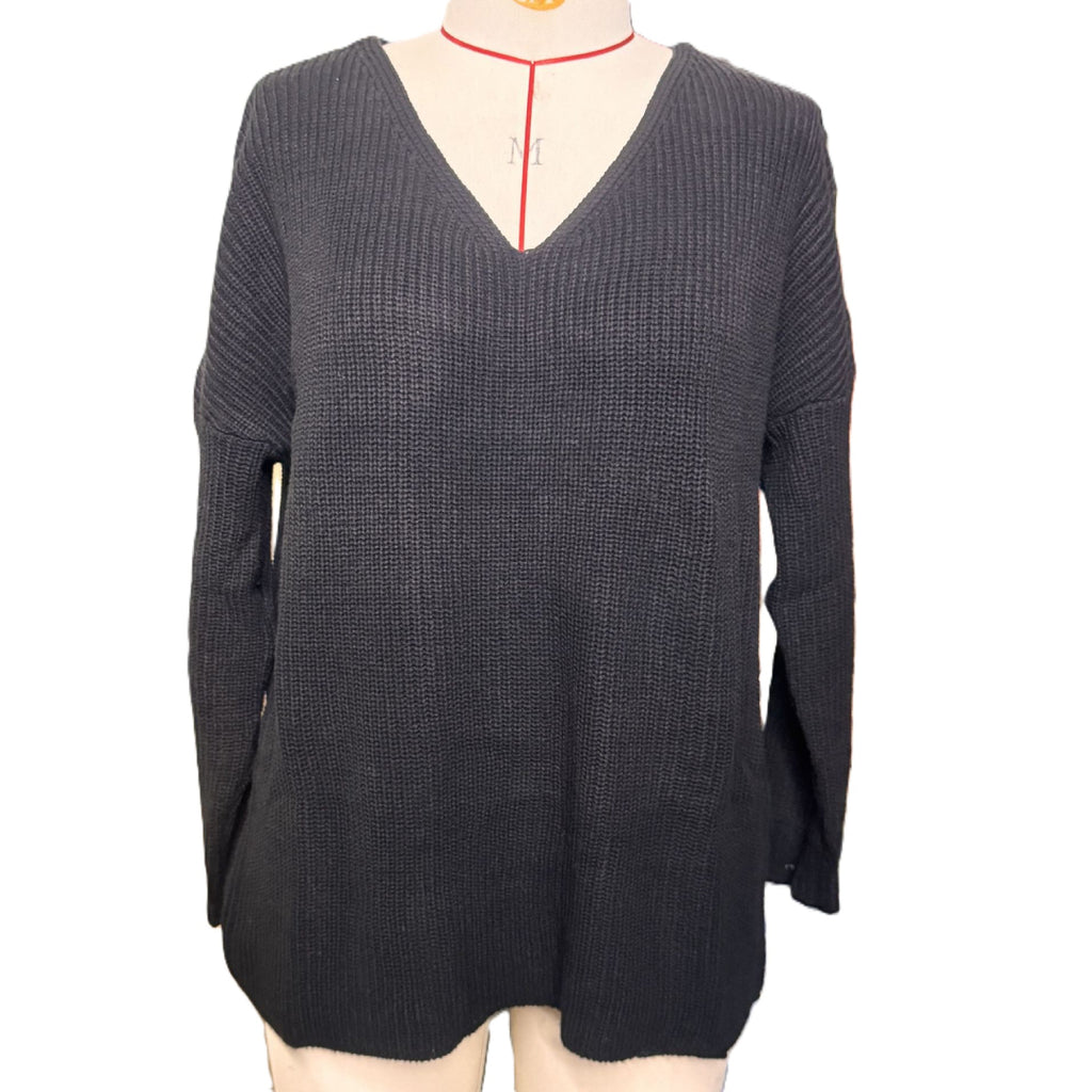 Slouchy V Neck Ribbed Tunic Sweater - Black