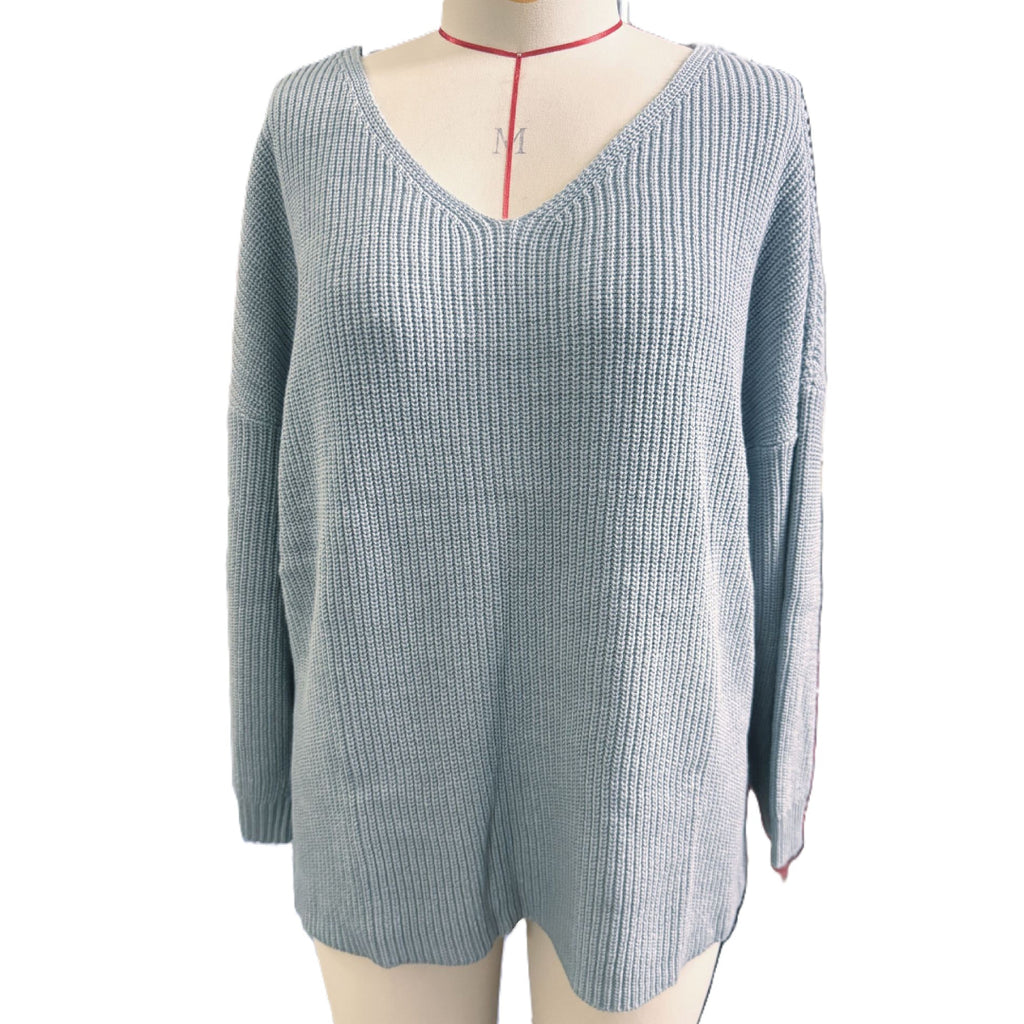 Slouchy V Neck Ribbed Tunic Sweater - Blue