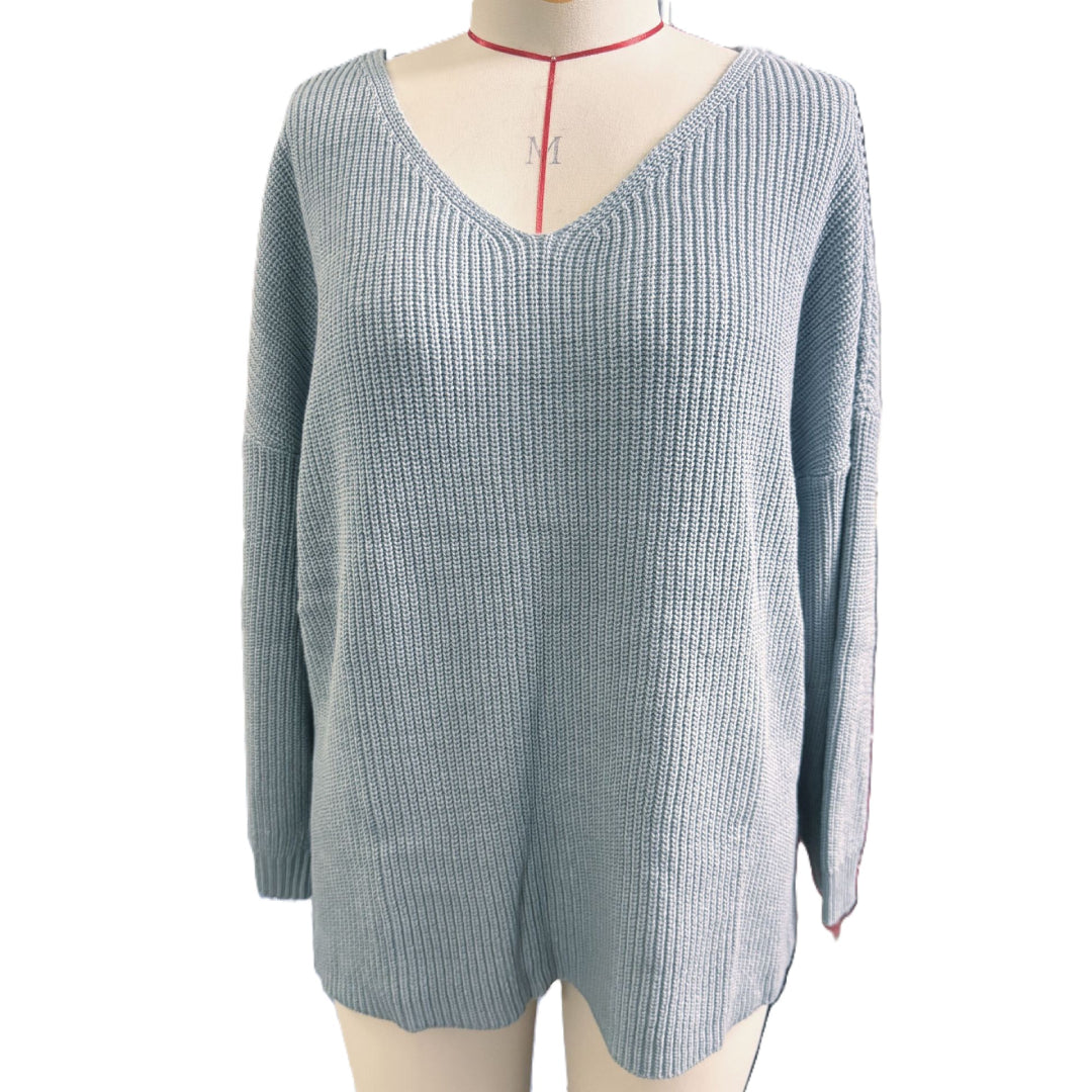 Slouchy V Neck Ribbed Tunic Sweater - Blue