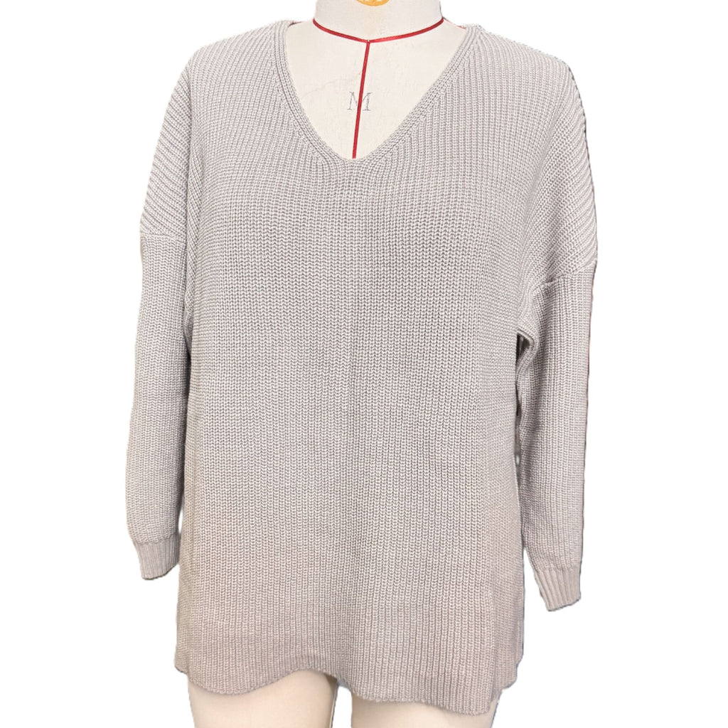 Slouchy V Neck Ribbed Tunic Sweater - Camel