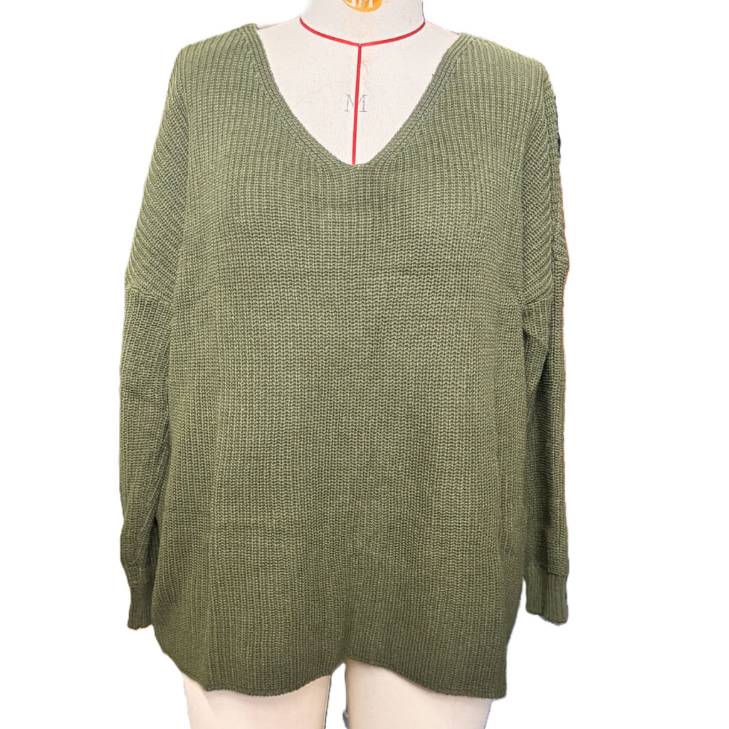Slouchy V Neck Ribbed Tunic Sweater - Green