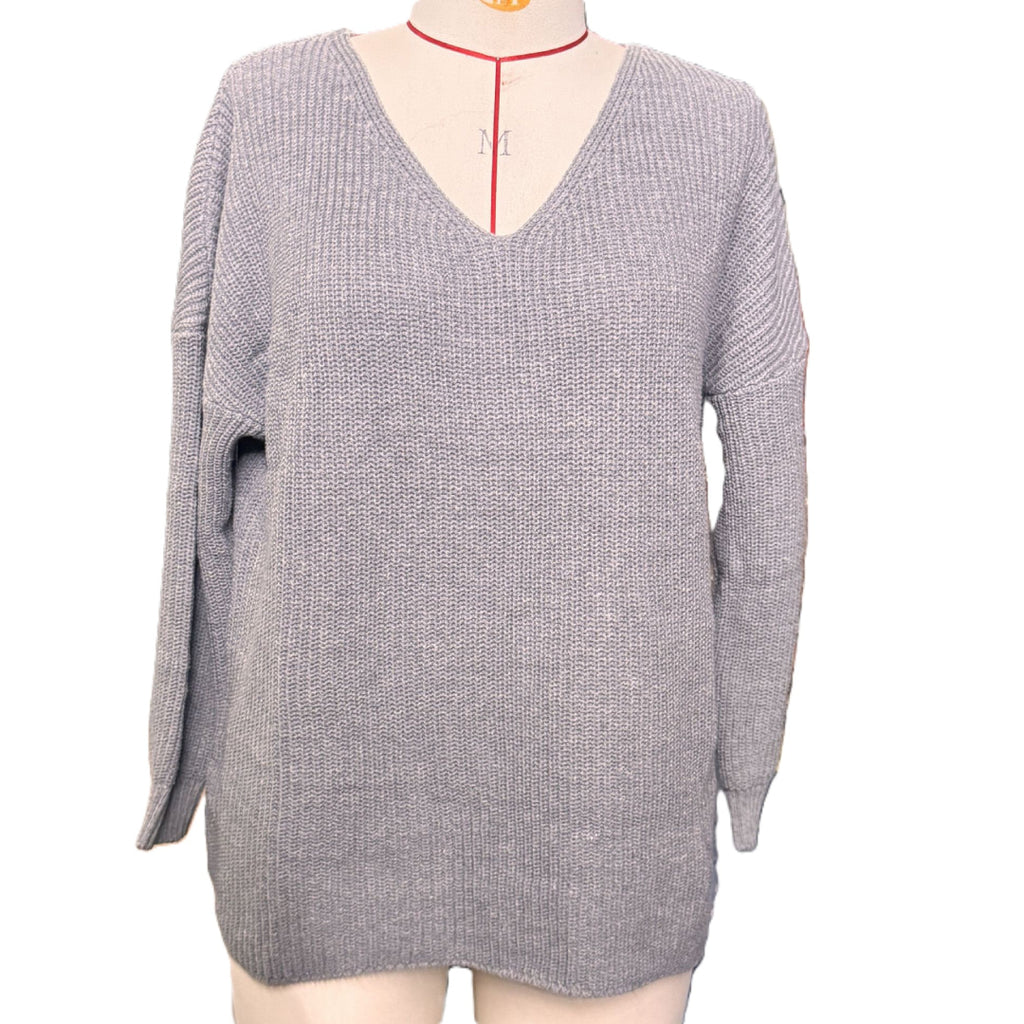 Slouchy V Neck Ribbed Tunic Sweater - Grey