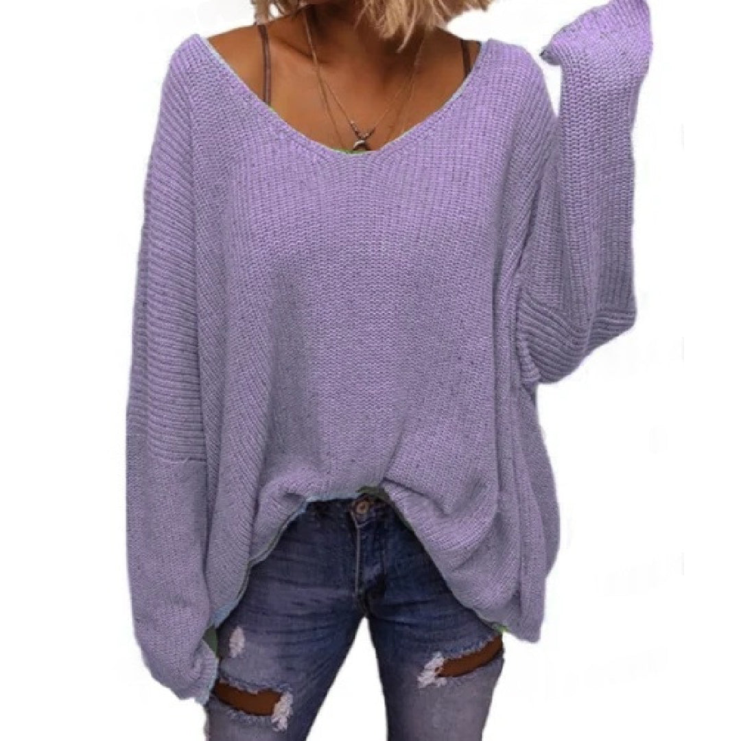 Slouchy V Neck Ribbed Tunic Sweater - Purple