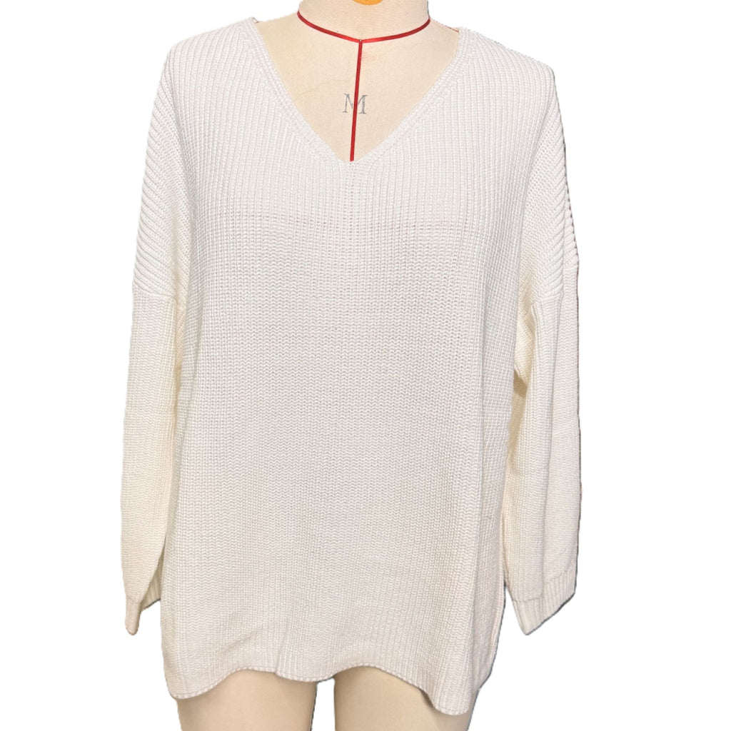 Slouchy V Neck Ribbed Tunic Sweater - White