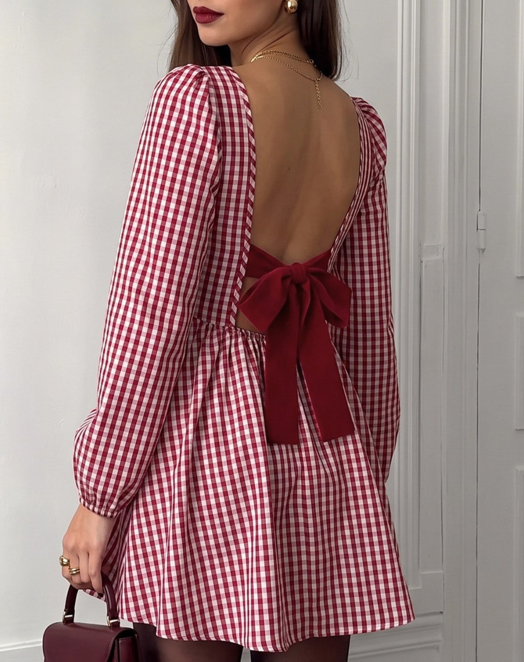 Gingham Mini Dress With Open Back Bow - Red