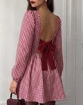 Gingham Mini Dress With Open Back Bow - Red