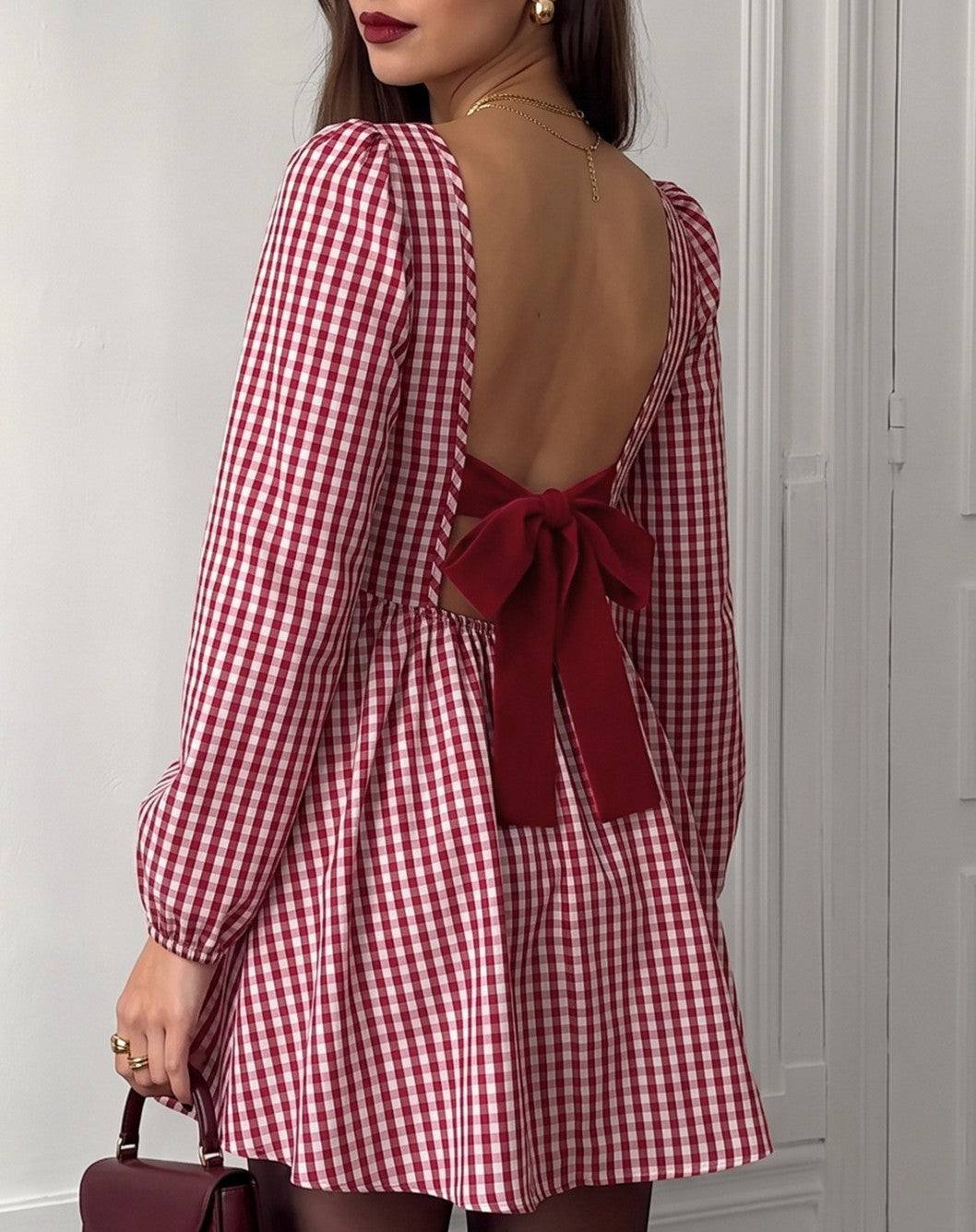 Gingham Mini Dress With Open Back Bow - Red