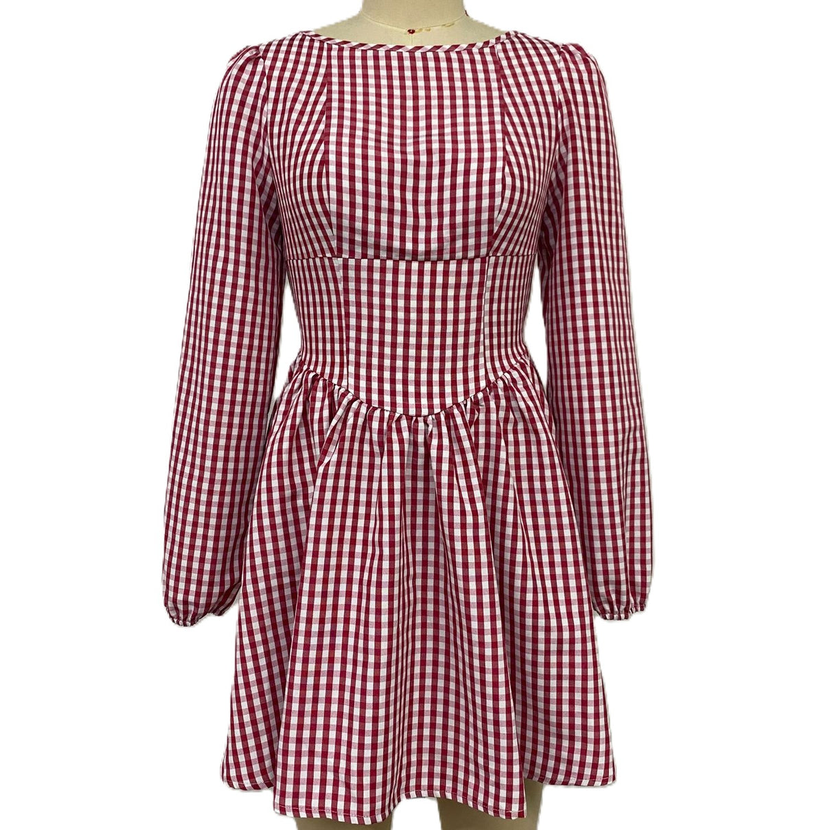 Gingham Mini Dress With Open Back Bow - Red - 1