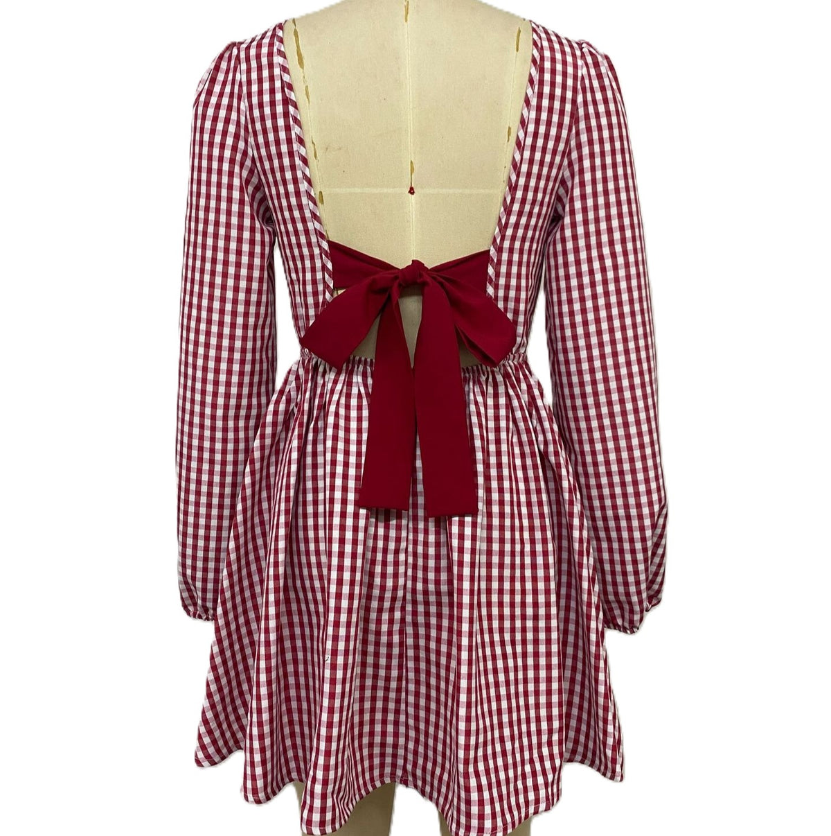Gingham Mini Dress With Open Back Bow - Red - 2