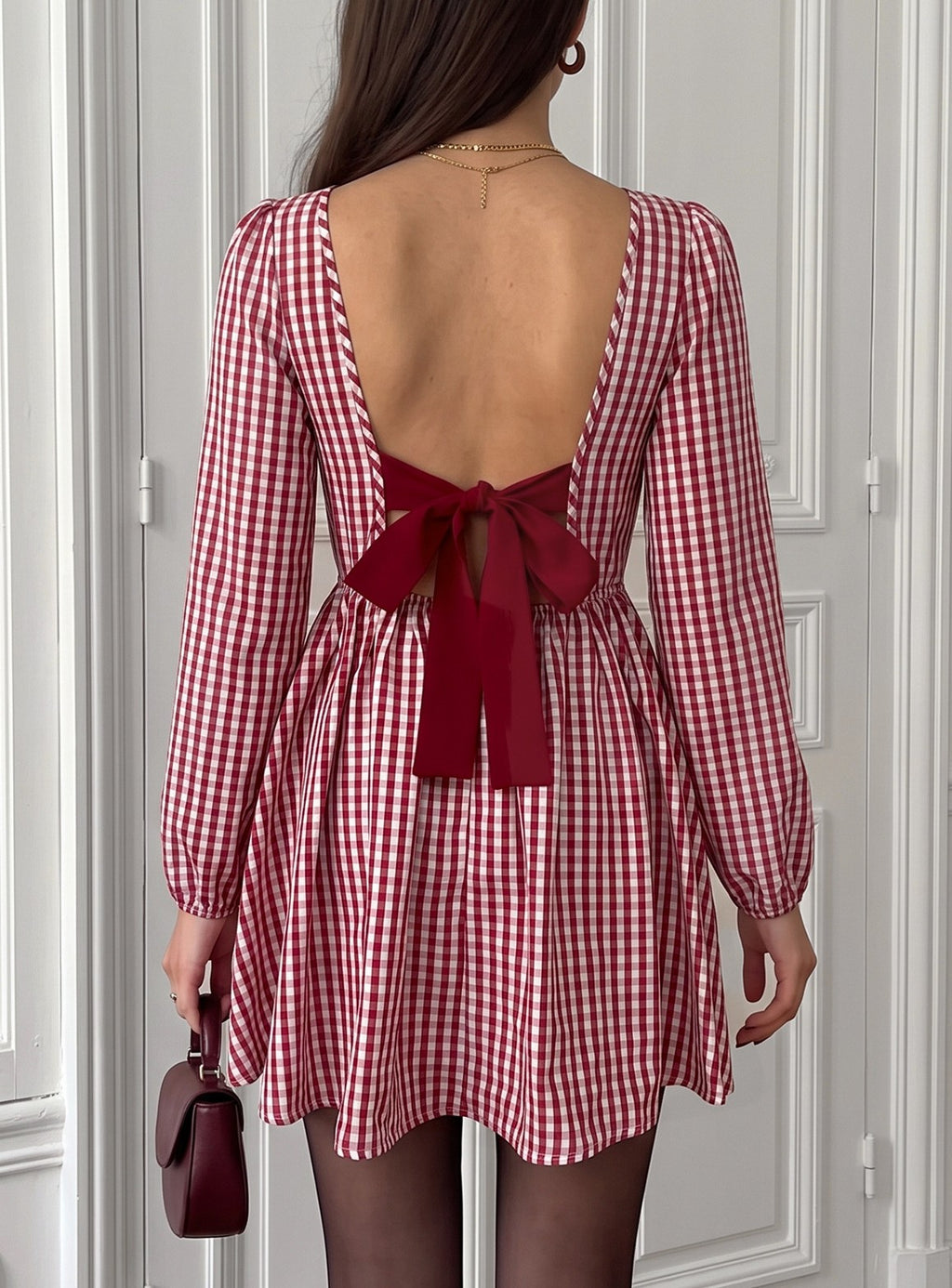 Gingham Mini Dress With Open Back Bow - Red - 5