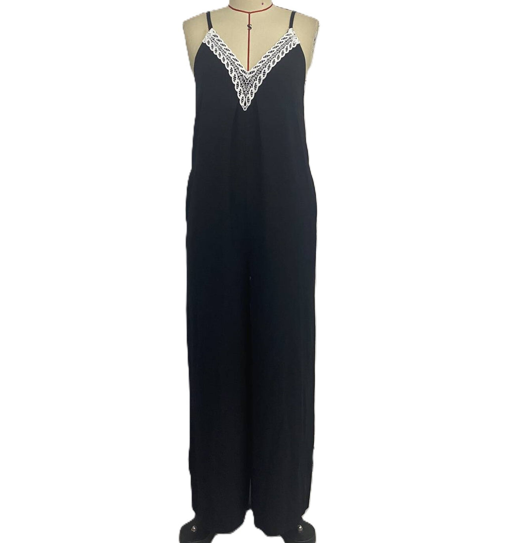 Lace Trim Cami Wide Leg Jumpsuit - Black