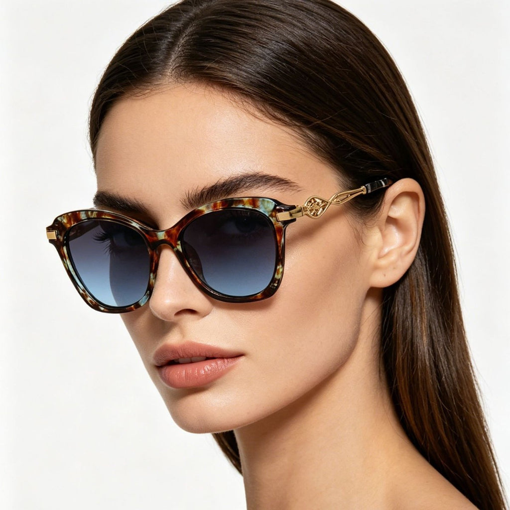 Oversized Square Sunglasses With Filigree Arms - Hawksbill - 1