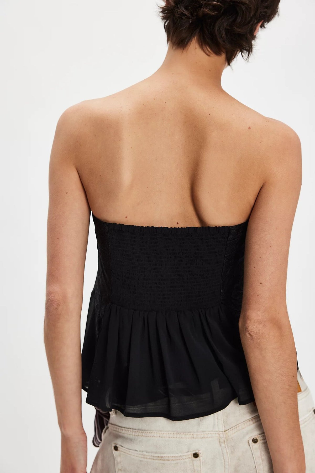 Smocked Lace Trim Strapless Peplum Top - Black - 1