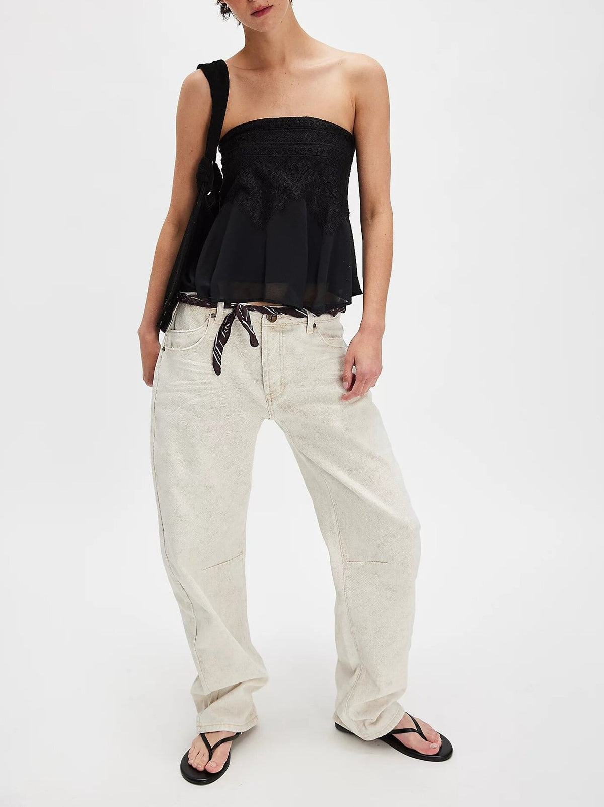 Smocked Lace Trim Strapless Peplum Top - Black - 2
