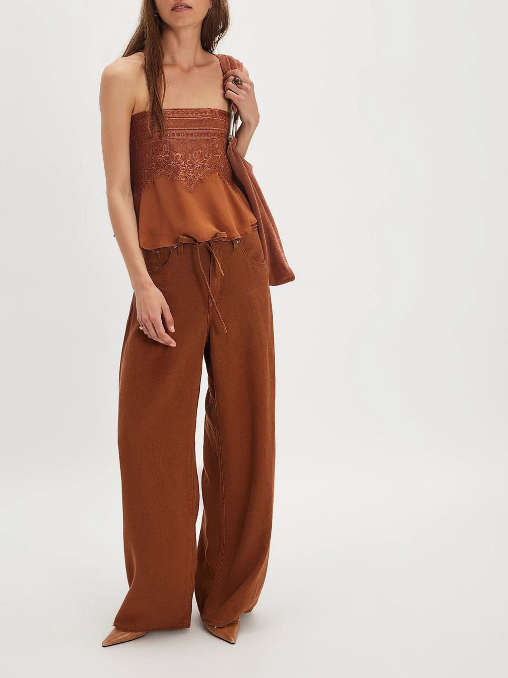 Smocked Lace Trim Strapless Peplum Top - Brown - 1