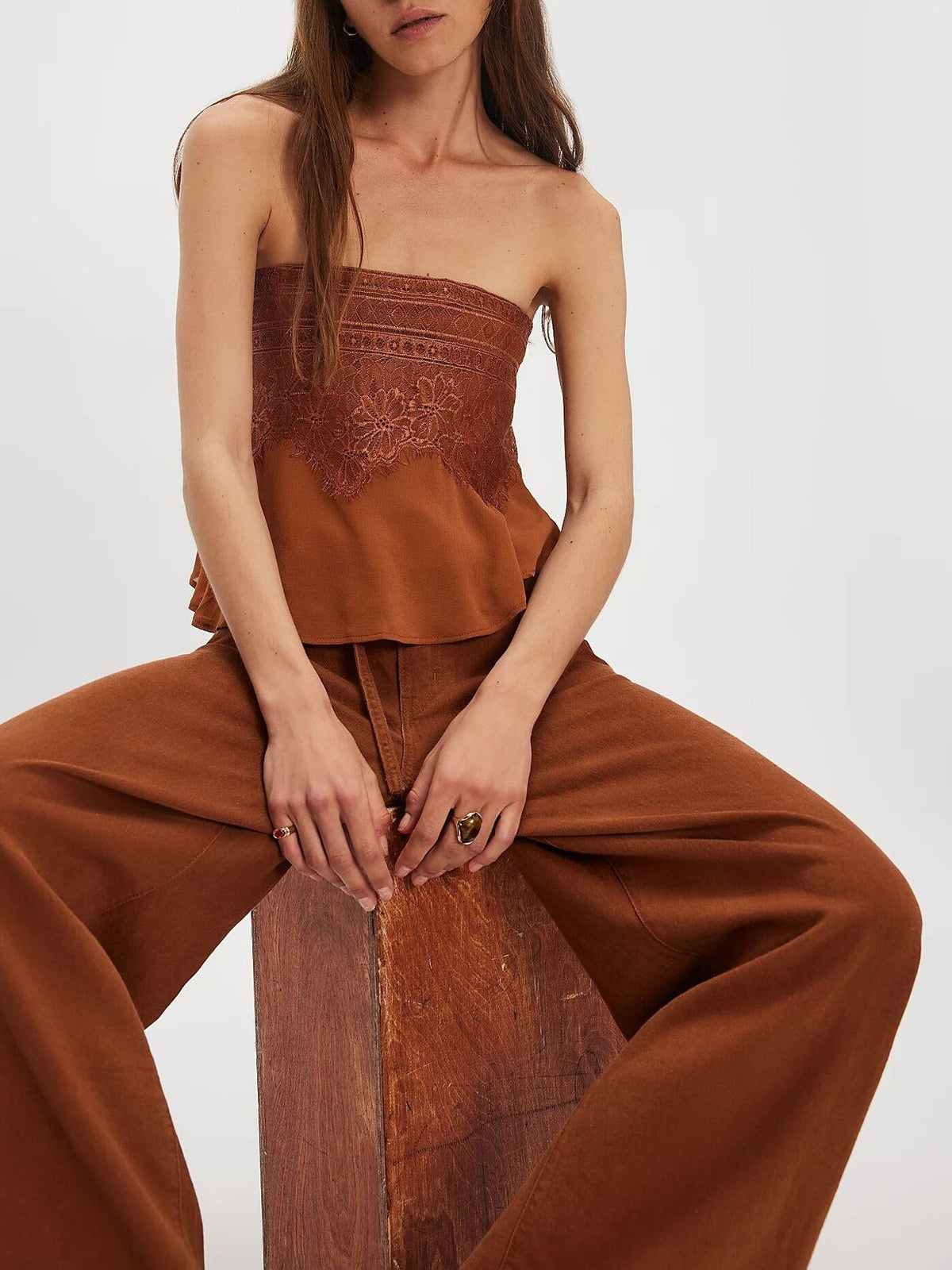 Smocked Lace Trim Strapless Peplum Top - Brown - 2