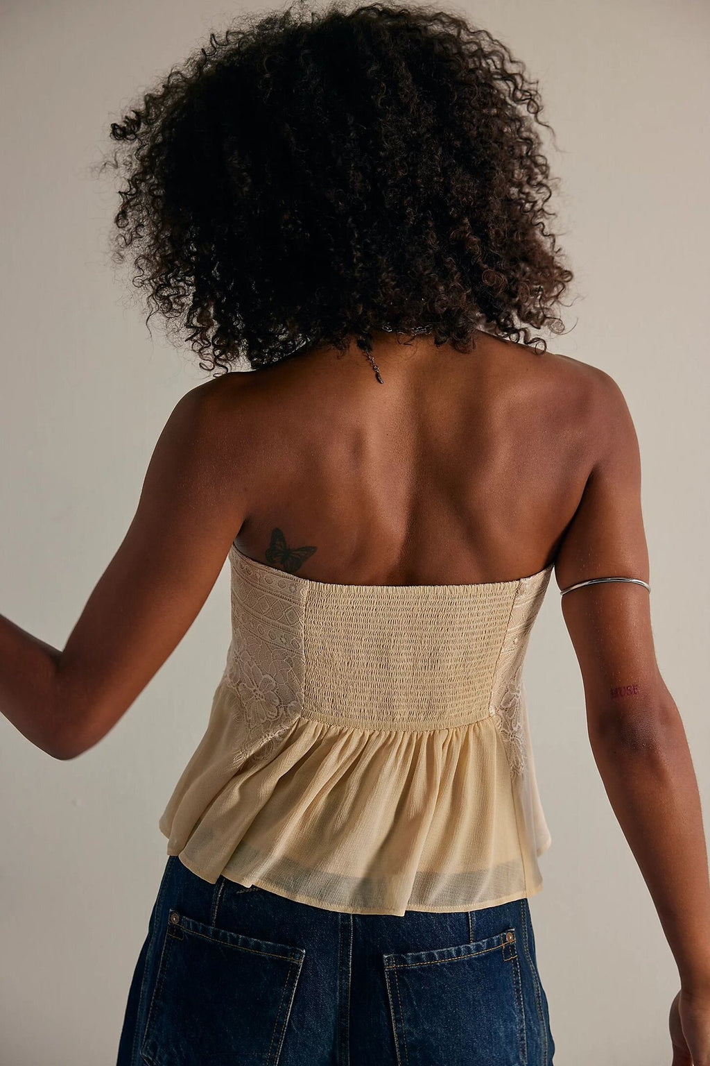 Smocked Lace Trim Strapless Peplum Top - OffWhite - 2