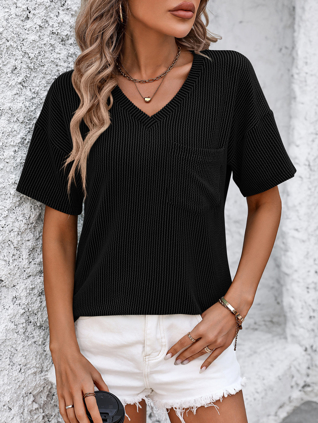 Drop Shoulder Rib Knit Pocket Tee - Black