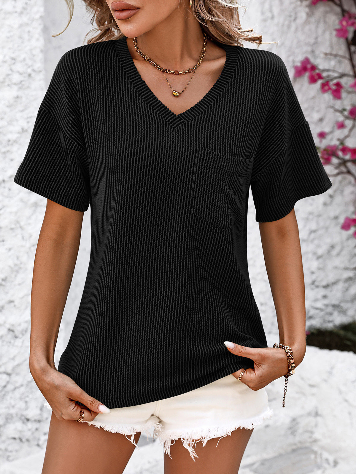 Drop Shoulder Rib Knit Pocket Tee - Black - 2